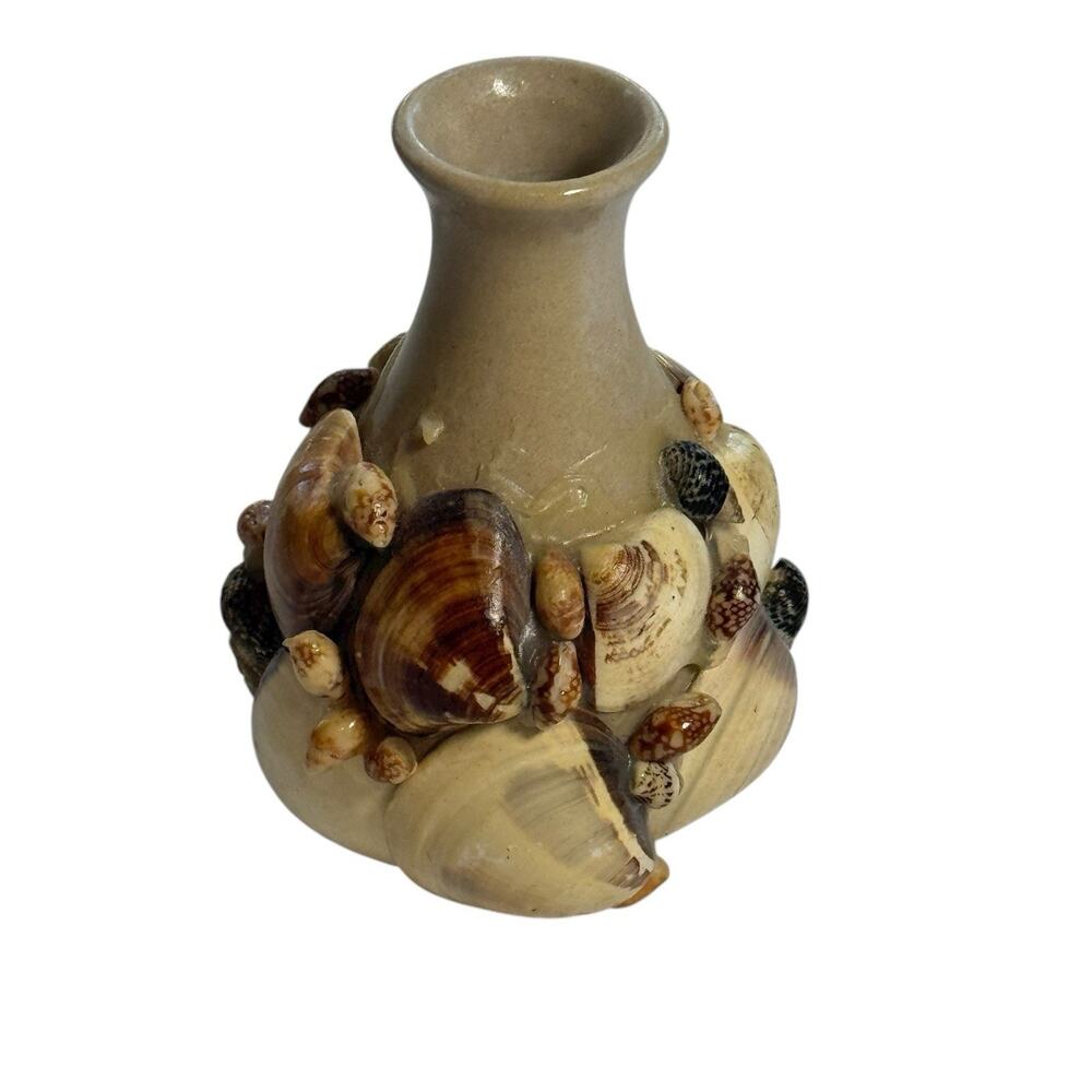 Seashell Mini Bud Vase Folk Art Beachy Vacation Home Cottage Decor Sandy Neutral